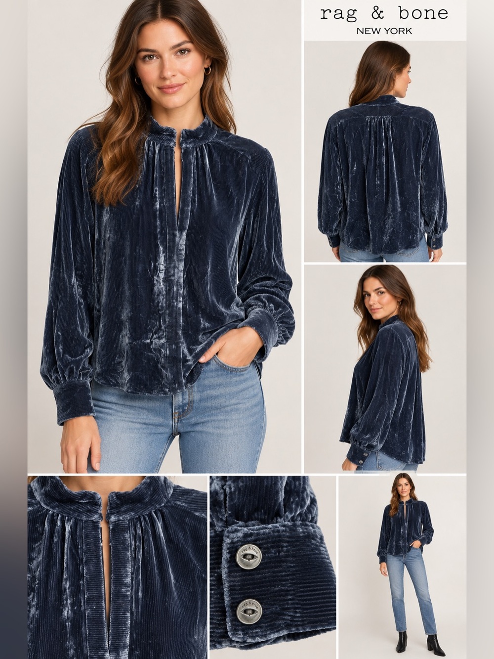 Rag & Bone Navy Blue Velvet High Neck Long Sleeve Blouse Top Size Small